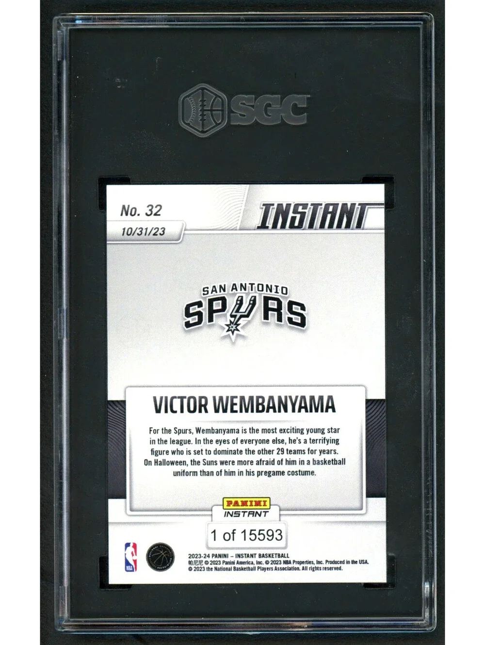 2023-24 Panini Instant #32 Victor Wembanyama Slenderman Rookie (RC) SGC 10